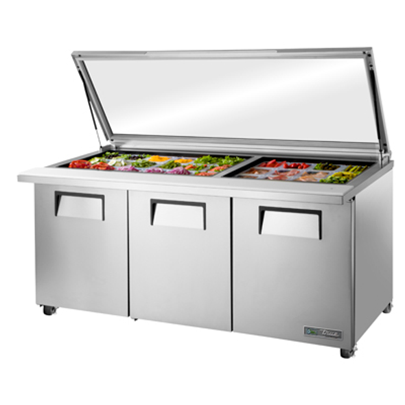 Picture of a True TSSU-72-30M-B-ST-FGLID-HC 72" Salad or Sandwich Prep Table with Glass Lid