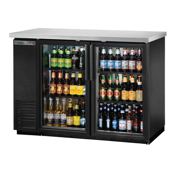 The True TBB-24-48G-HC-LD Glass Door Back Bar Cooler filled with product
