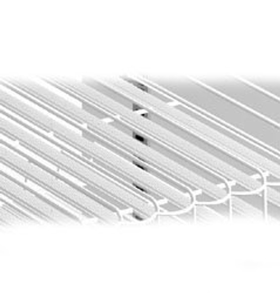 Diagonal view of True Trac shelving with multiple slide pieces