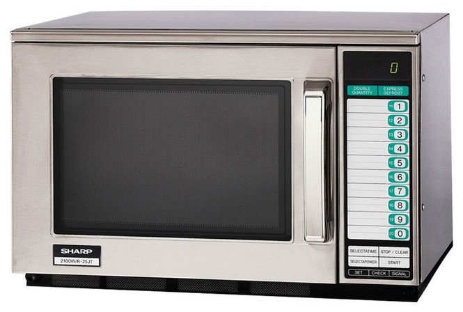 Angle view of Sharp's R-25JTF 2100W Microwave w/ Touchpad