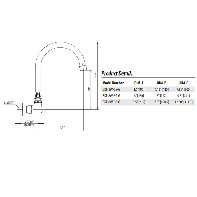 picture of the dimensions of this goose neck faucet