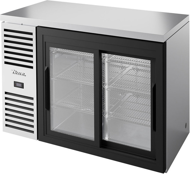 True TBR48-RISZ1-L-S-11-1
 Sliding Glass Door Back Bar Cooler fully stocked with product