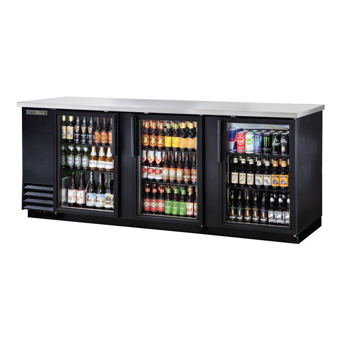 Front view of True's TBB-4G-HC-LD 91" Glass Door Back Bar Cooler