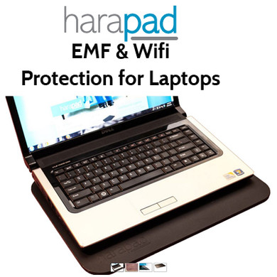 Laptop EMF Protection Pad blocks EMF from bottom of your laptop and from WiFi. Black Plastic using Root technology safe, natural, organic - shown with laptop  by HARApad