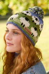 Fairtrade handmade wool bobble beanie with sheep design