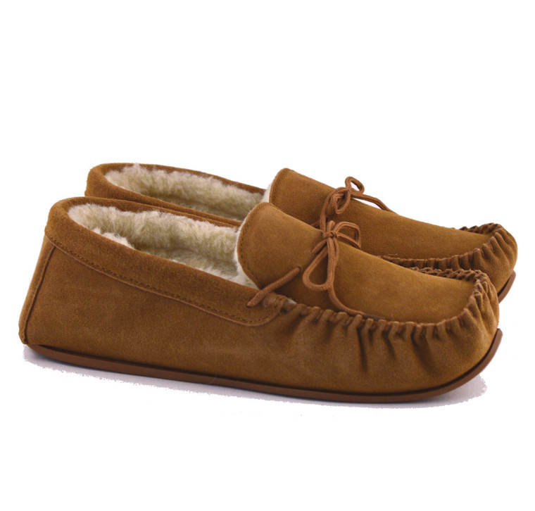 Men’s tan suede moccasin slippers with hard sole and wool lining