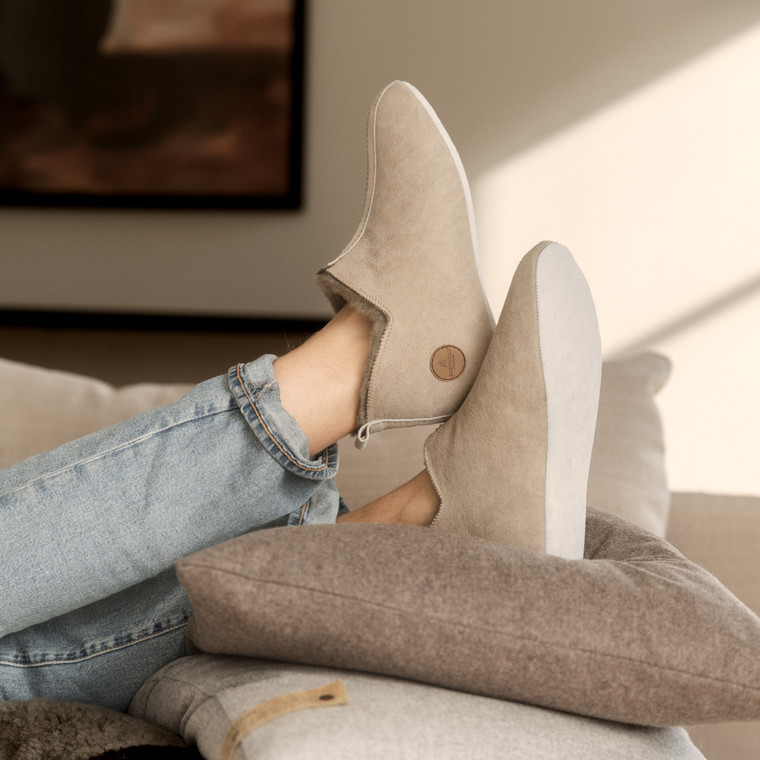 Women's Sheepskin Slippers Soft Sole in Stone