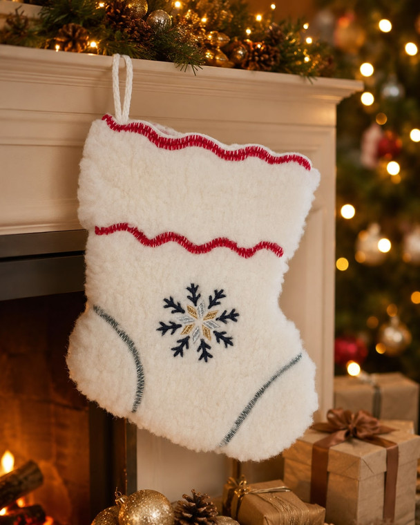 White wool Christmas stocking with embroidered snowflake decoration