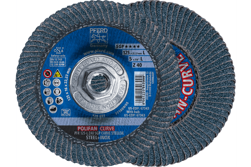 PFERD Flap Disc, 5" x 5/8-11, Z SGP CURVE STEELOX, 40 Grit, Large Radius, Zirconia