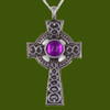 Celtic Cross Antiqued Spiral Knot Purple Glass Stones Stylish Pewter Pendant
