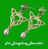 Celtic Knotwork Triangular Motif Freshwater Pearl 9K Yellow Gold Earrings
