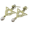 Celtic Knotwork Triangular Motif Freshwater Pearl 9K Yellow Gold Earrings