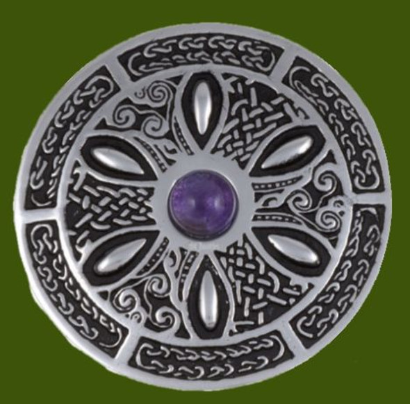 Amethyst Celtic Wheel Embossed Round Antiqued Stylish Pewter Brooch