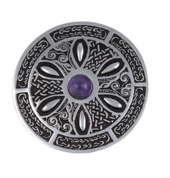 Amethyst Celtic Wheel Embossed Round Antiqued Stylish Pewter Brooch