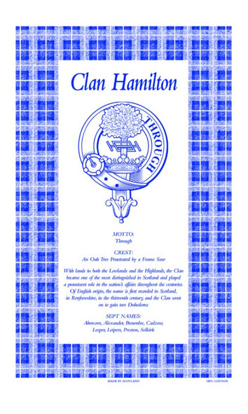 Hamilton Clan Scottish Blue White Cotton Printed Tea Towel