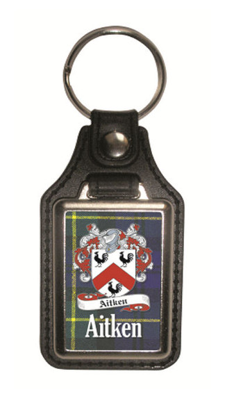 Aitken Coat of Arms Tartan Scottish Family Name Leather Key Ring Set of 2
