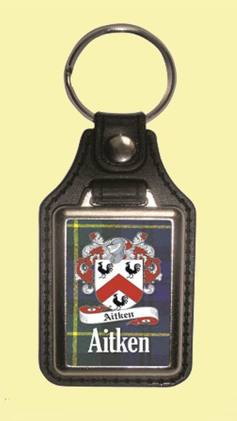 Aitken Coat of Arms Tartan Scottish Family Name Leather Key Ring Set of 2