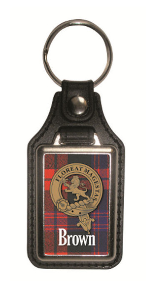 Brown Clan Badge Tartan Scottish Family Name Leather Key Ring Set of 2