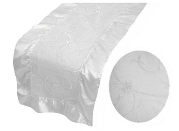 White Embroidered Wedding Table Runners Decorations x 25 For Hire