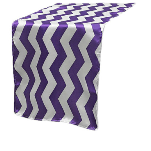 Deep Purple White Chevron Satin Wedding Table Runners Decorations x 25 For Hire