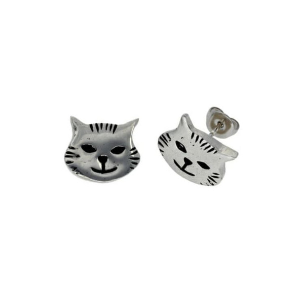 Kitty Cat Face Animal Themed Small Stud Stylish Pewter Earrings