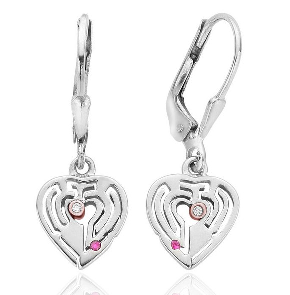 Love Maze Heart Diamond Ruby Welsh Rose Gold Detail Sterling Silver Earrings