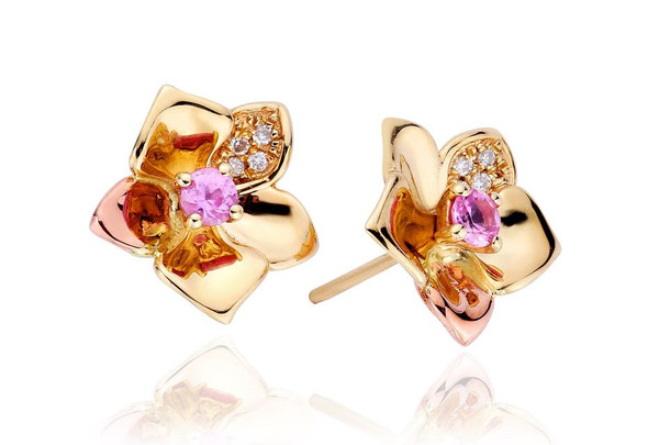 Orchid Pink Sapphire Diamond Welsh Rose Gold Detail 9K Yellow Gold Earrings