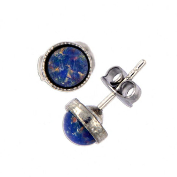 Opal Glass Stone Round Small Stud Stylish Pewter Earrings Opal Glass Stone Round Small Stud Stylish Pewter Earrings