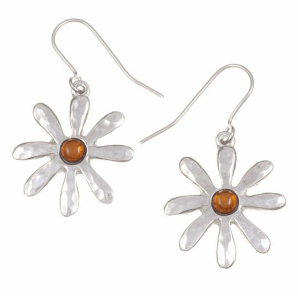 Dahlia Flower Amber Stylish Pewter Sheppard Hook Earrings