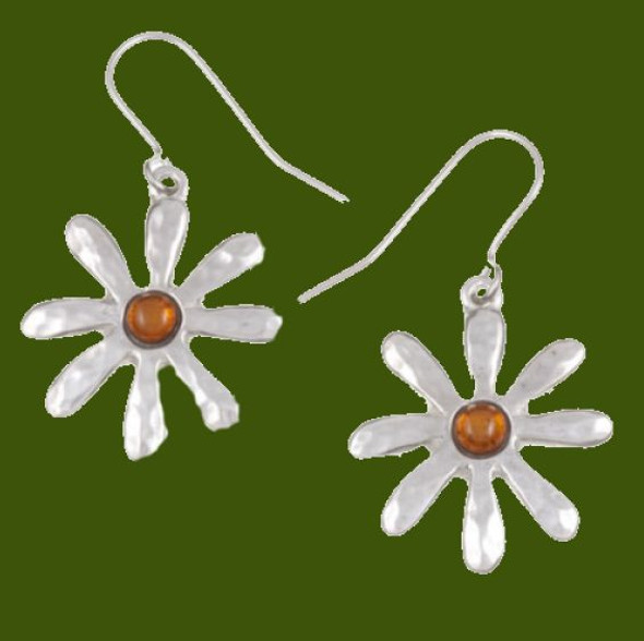 Dahlia Flower Amber Stylish Pewter Sheppard Hook Earrings