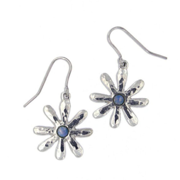 Dahlia Flower Opal Glass Stone Stylish Pewter Sheppard Hook Earrings