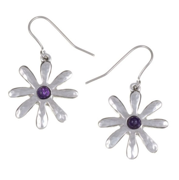 Dahlia Flower Amethyst Stylish Pewter Sheppard Hook Earrings