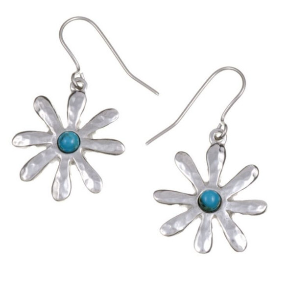 Dahlia Flower Turquoise Stylish Pewter Sheppard Hook Earrings