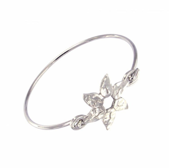 Petal Flower Planished Polished Silver Plated Clip On Bangle