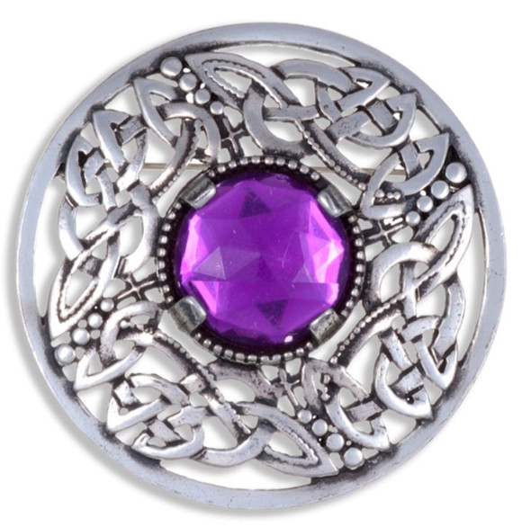 Celtic Open Knotwork Antiqued Purple Glass Stone Round Stylish Pewter Brooch