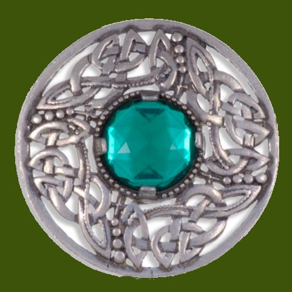 Celtic Open Knotwork Antiqued Green Glass Stone Round Stylish Pewter Brooch