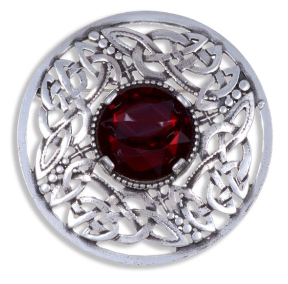 Celtic Open Knotwork Antiqued Red Glass Stone Round Stylish Pewter Brooch