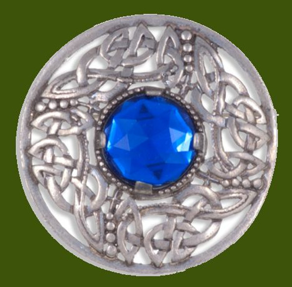 Celtic Open Knotwork Antiqued Blue Glass Stone Round Stylish Pewter Brooch