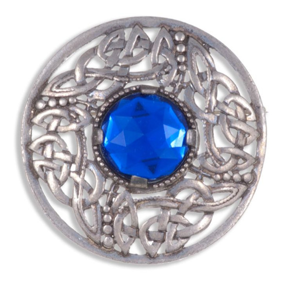 Celtic Open Knotwork Antiqued Blue Glass Stone Round Stylish Pewter Brooch