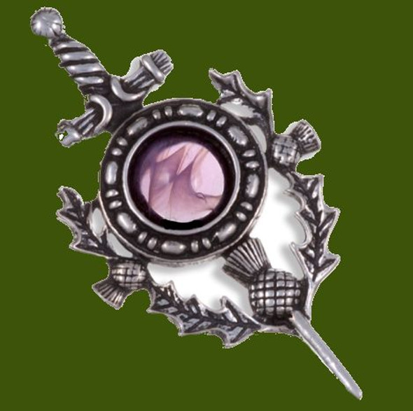 Sword Thistle Antiqued Purple Glass Stone Stylish Pewter Kilt Pin