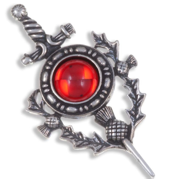 Sword Thistle Antiqued Red Glass Stone Stylish Pewter Kilt Pin