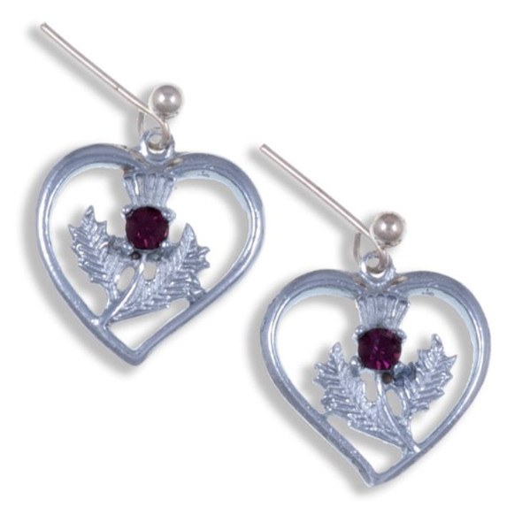 Thistle Flower Heart Purple Glass Stone Sheppard Hook Chrome Plated Earrings