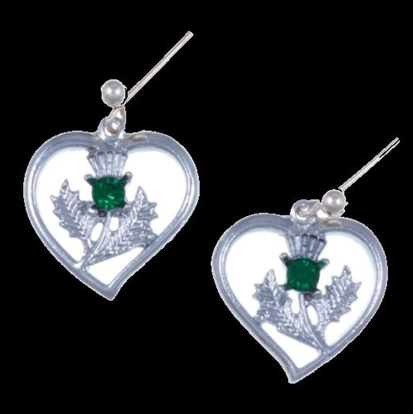Thistle Flower Heart Green Glass Stone Sheppard Hook Chrome Plated Earrings