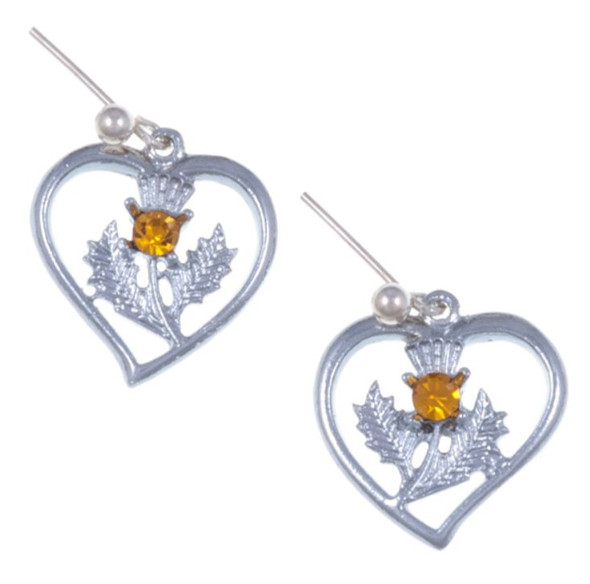 Thistle Flower Heart Orange Glass Stone Sheppard Hook Chrome Plated Earrings