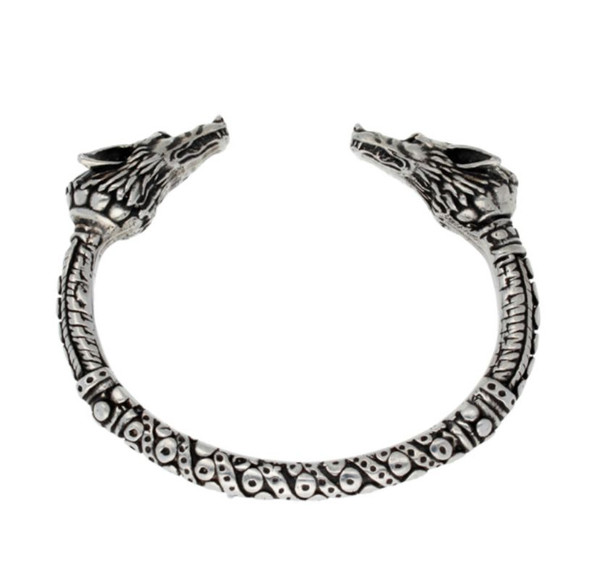 Twin Wolf Heads Embossed Torc Stylish Pewter Bangle