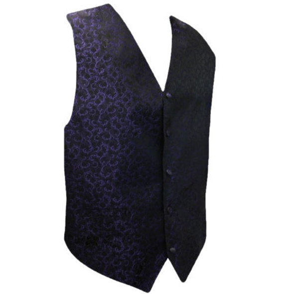 Purple On Black Floral Pattern Groom Formal Wedding Vest Mens Waistcoat 