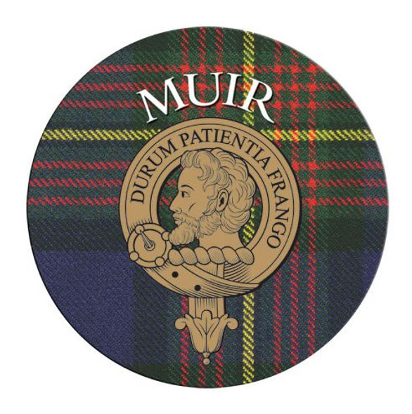 Muir Clan Crest Tartan Cork Round Clan Badge Coasters Set of 4