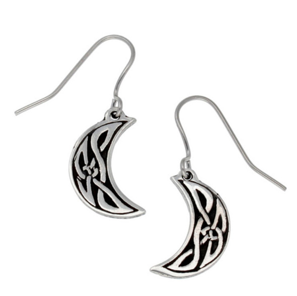 Crescent Moon Celtic Knotwork Stylish Pewter Sheppard Hook Earrings