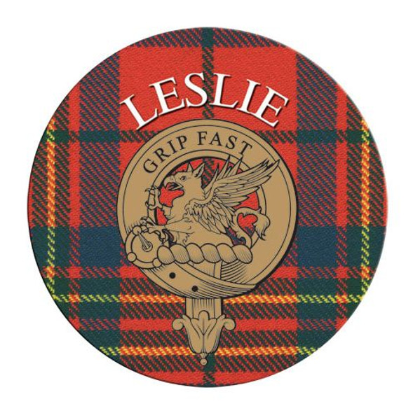 Leslie Clan Crest Tartan Cork Round Clan Badge Coasters Set of 4