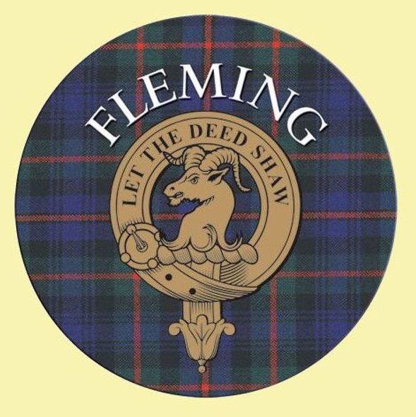 Fleming Clan Crest Tartan Cork Round Clan Badge Coasters Set of 4